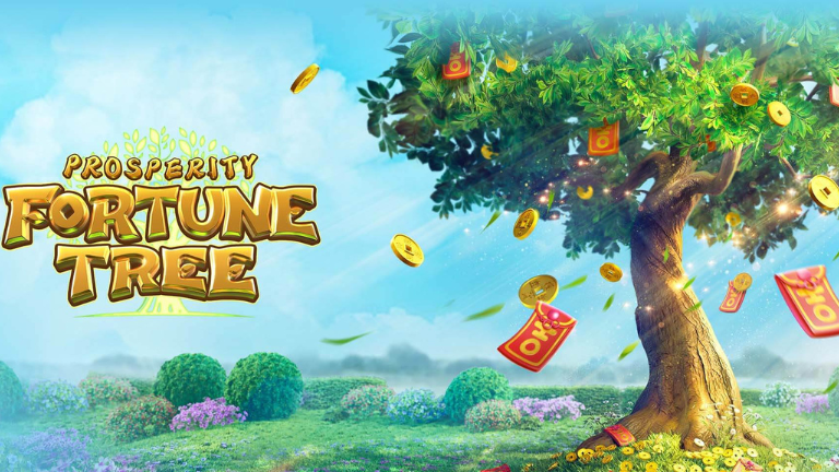 "Prosperity Fortune Tree slot game by PG Soft with cascading reels and golden treasure-filled tree."