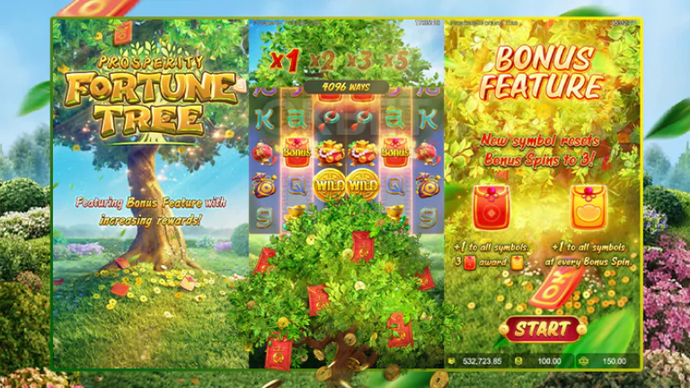 "Prosperity Fortune Tree PG Soft slot game featuring cascading reels, free spins, and vibrant treasure-filled tree."

