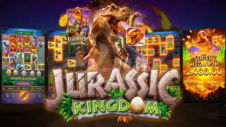 "Jurassic Kingdom slot by PG Soft featuring prehistoric dinosaur symbols and lush jungle backdrop with cascading reels."