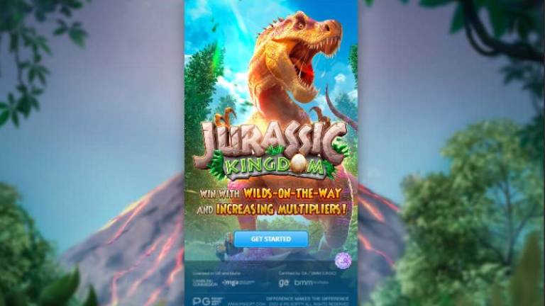 "Jurassic Kingdom slot by PG Soft featuring dinosaurs and cascading reels with a vibrant jungle backdrop."

