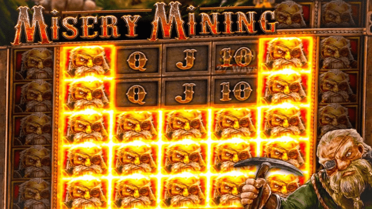 Misery Mining slot game interface featuring a 3x3 grid in a dark underground mine.