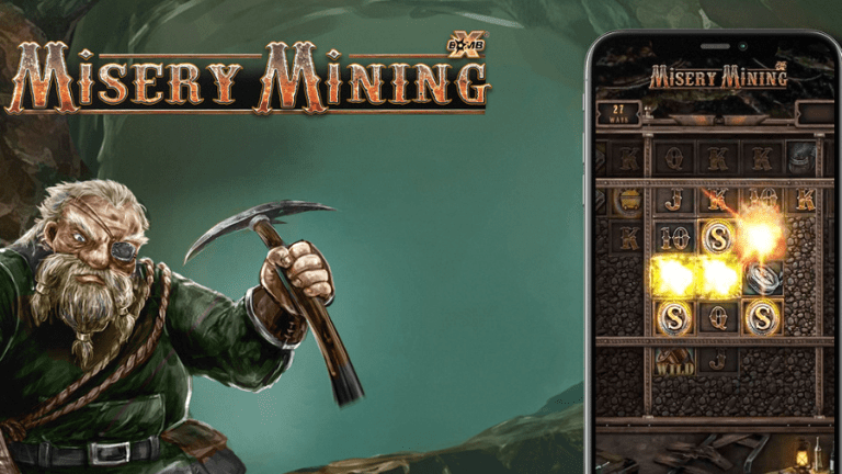 Misery Mining slot free spins round with expanded grid and xBomb Wild multiplier.